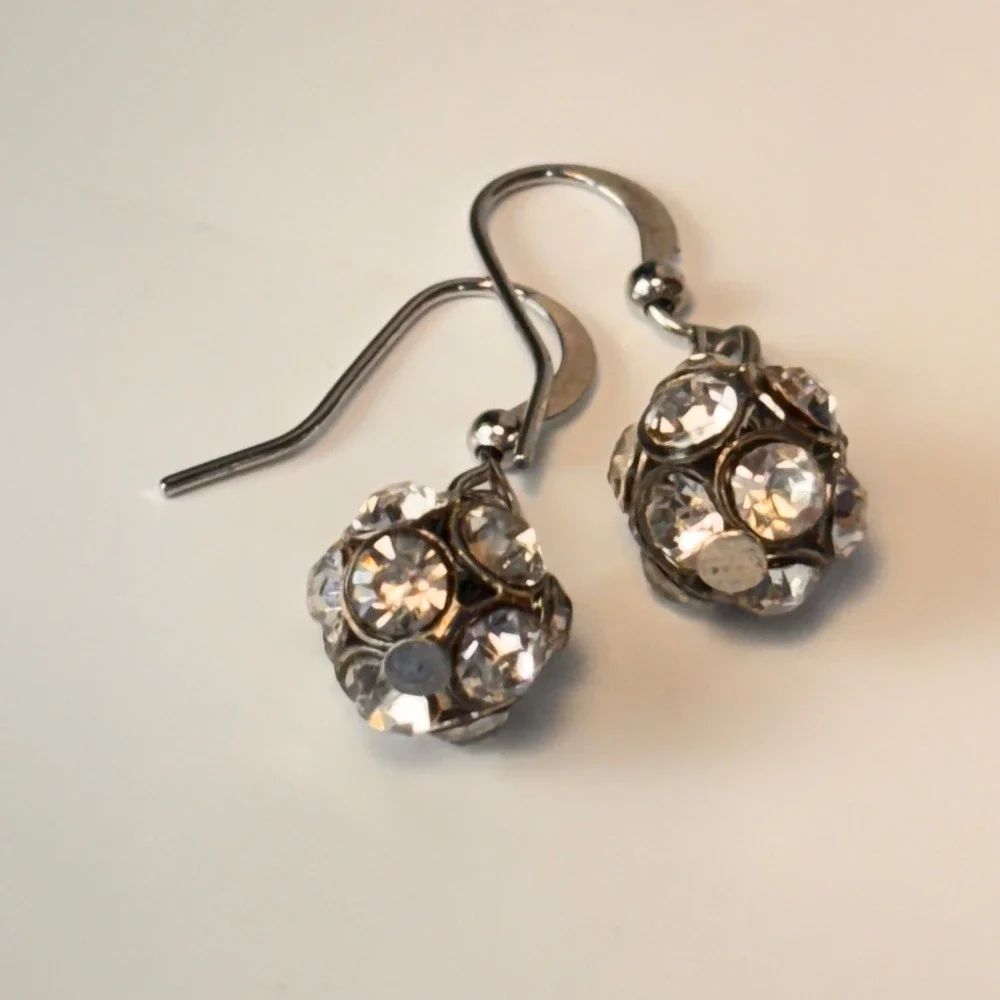 Vintage Crystal Disco Ball Earrings Silver Tone Pave Drop Dangle Y2K Statement
